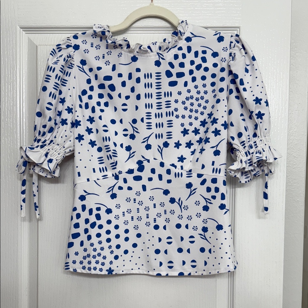 Blue and White Patterned Women's Top